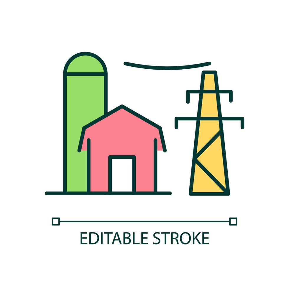 Countryside electrification RGB color icon. Remote areas. Electric power system. Husbandry and household. Isolated vector illustration. Simple filled line drawing. Editable stroke.