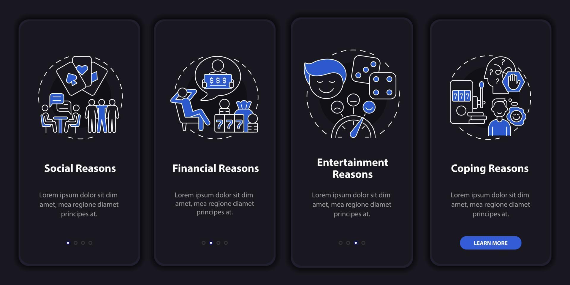 Reasons to gamble night mode onboarding mobile app screen. Compulsive walkthrough 4 steps graphic instructions pages with linear concepts. UI, UX, GUI template. vector