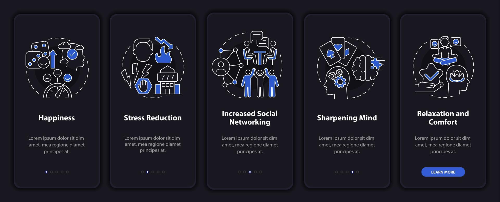 Gambling positive traits night mode onboarding mobile app screen. Hobby walkthrough 5 steps graphic instructions pages with linear concepts. UI, UX, GUI template. vector