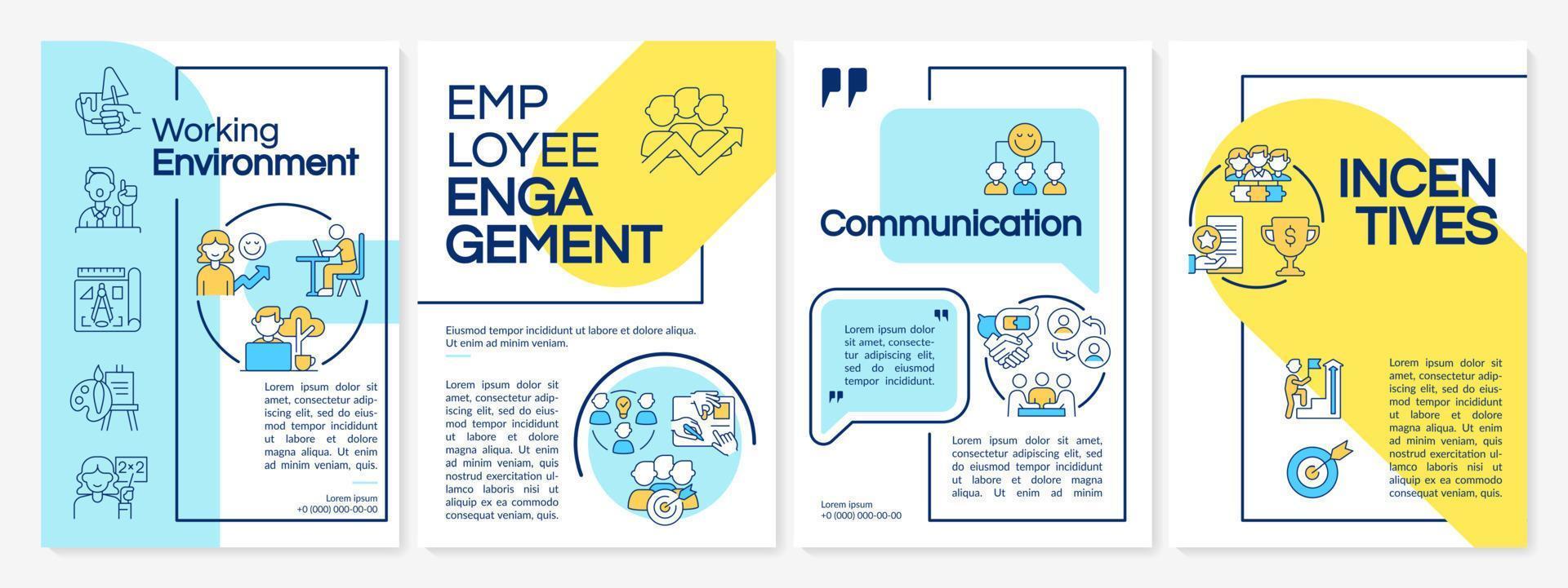 Productive office environment blue and yellow brochure template. Leaflet design with linear icons. 4 vector layouts for presentation, annual reports.