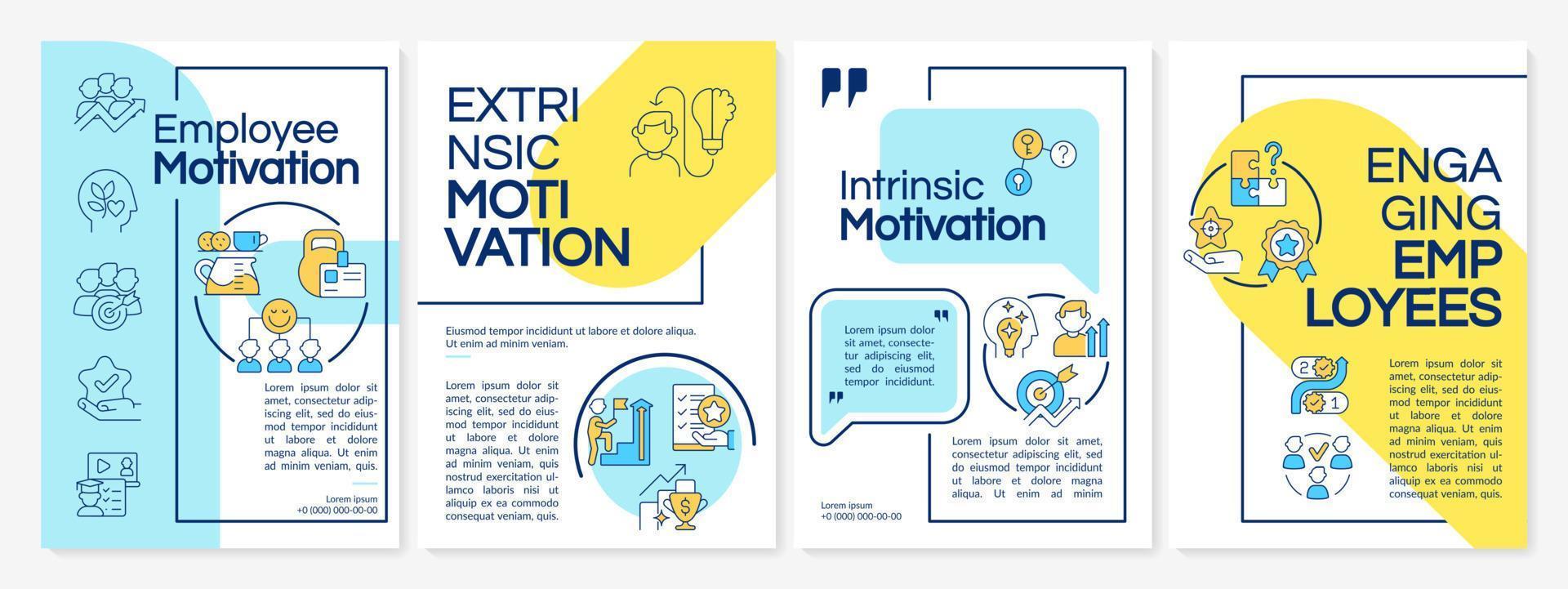 Increasing employees motivation blue and yellow brochure template. Leaflet design with linear icons. 4 vector layouts for presentation, annual reports.