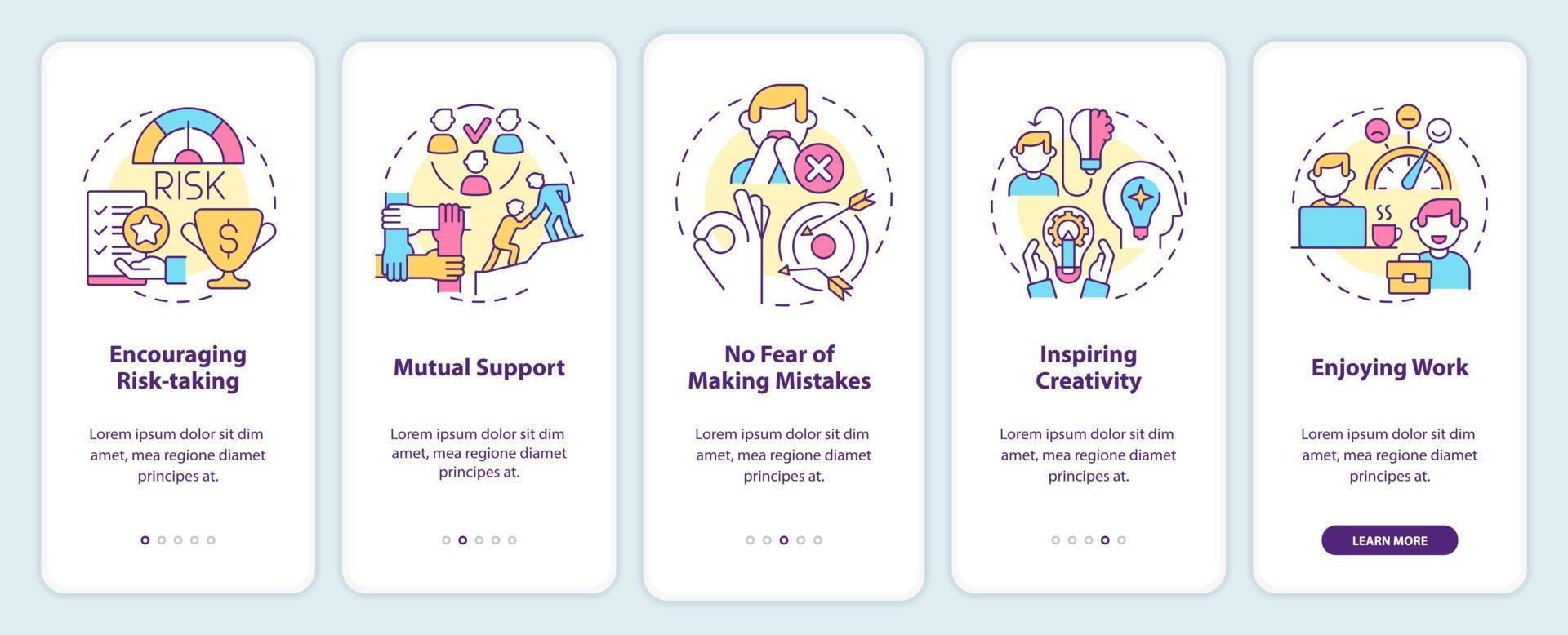 Employee happiness importance onboarding mobile app screen. Enjoying work walkthrough 5 steps graphic instructions pages with linear concepts. UI, UX, GUI template. vector
