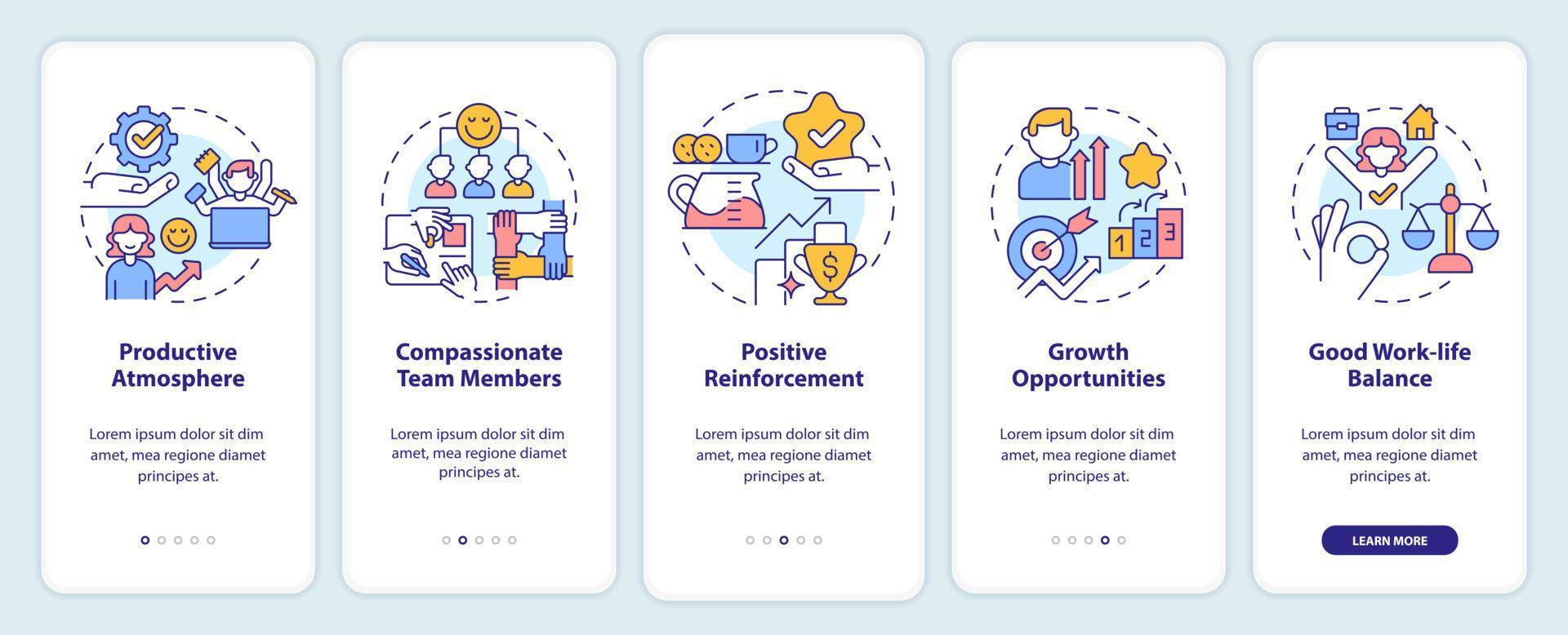 Positive work environment characteristics onboarding mobile app screen. Walkthrough 5 steps graphic instructions pages with linear concepts. UI, UX, GUI template. vector