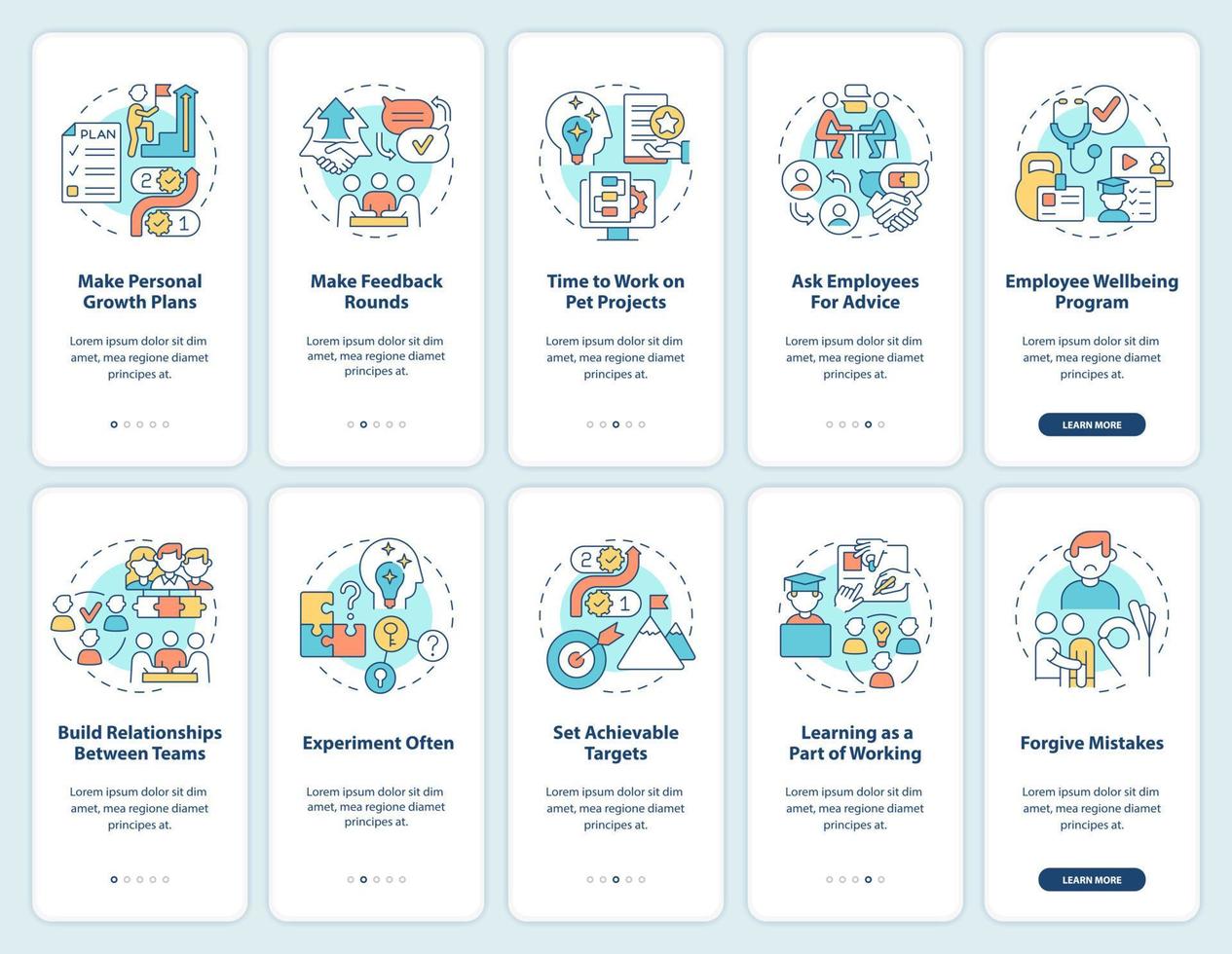 Employee commitment onboarding mobile app screen set. Achievable targets walkthrough 5 steps graphic instructions pages with linear concepts. UI, UX, GUI template. vector