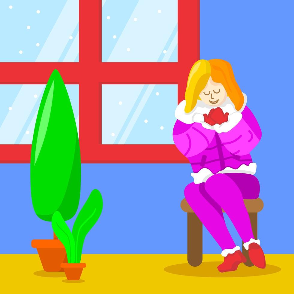 The woman sitting beside the window. People icon. winter. Flat vector