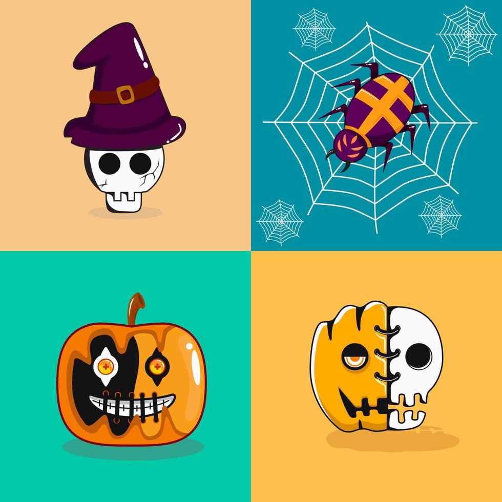 colección de mascotas de halloween. bruja, araña, calavera y calabaza. perfecto para iconos, símbolos, signos, tarjetas de felicitación y diseños de camisetas de halloween vector