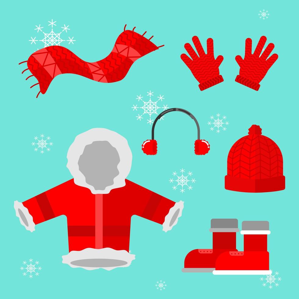 Winter Outfit Pack. Jackets, Scarves, Hats, Gloves, Boots, Earmuffs. Red. Flat Style Vector