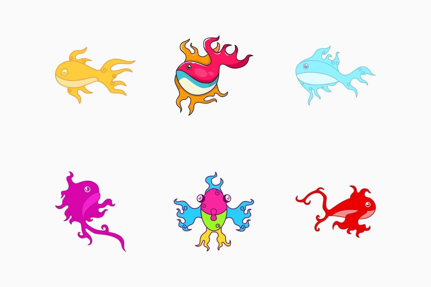 six fish illustrations, beautiful and colorful. yellow, pink, blue, purple and red vector