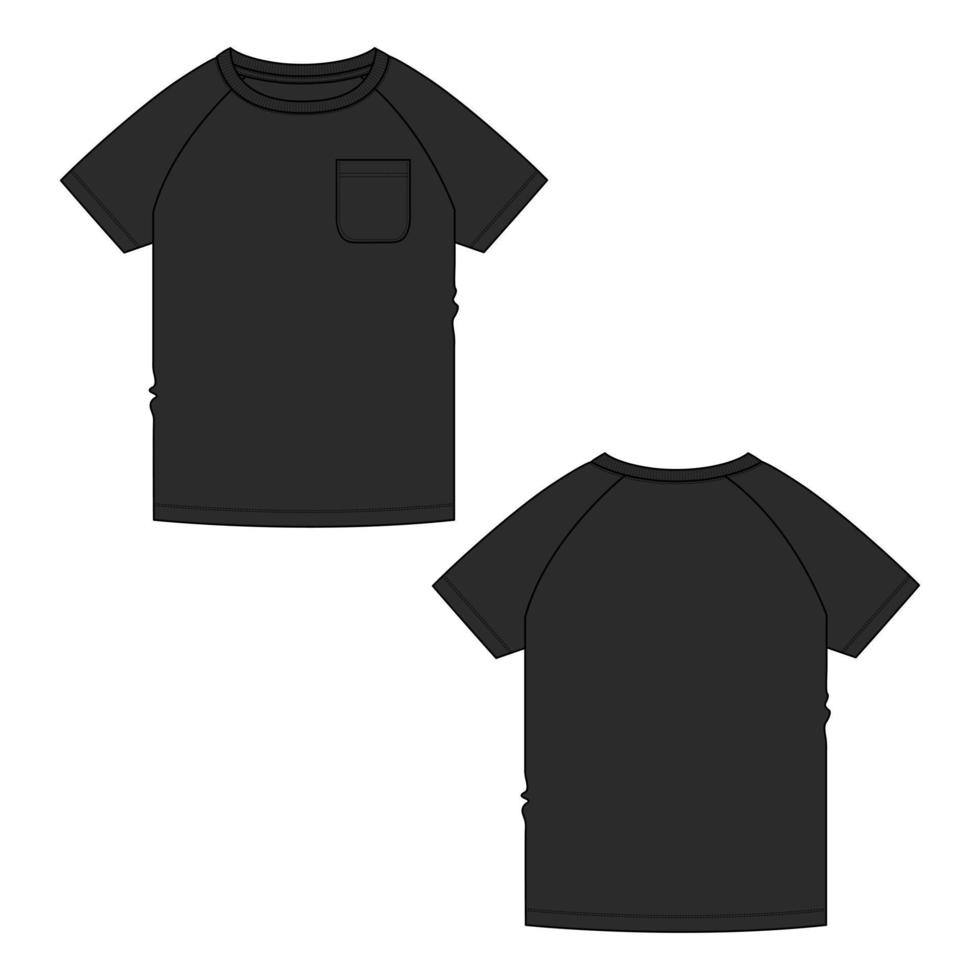 Short sleeve Raglan T shirt technical fashion flat sketch vector Illustration Black Color template for baby boys.