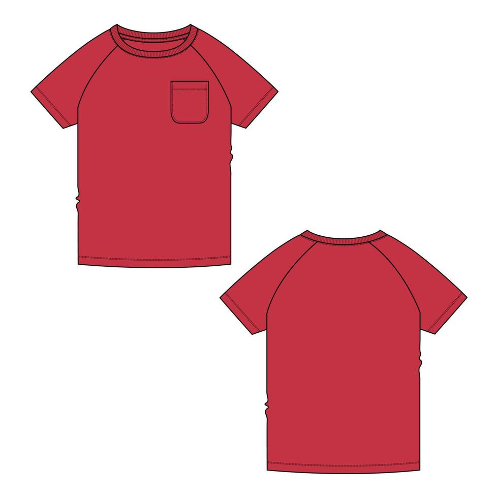 Short sleeve Raglan T shirt technical fashion flat sketch vector Illustration Red Color template for baby boys.