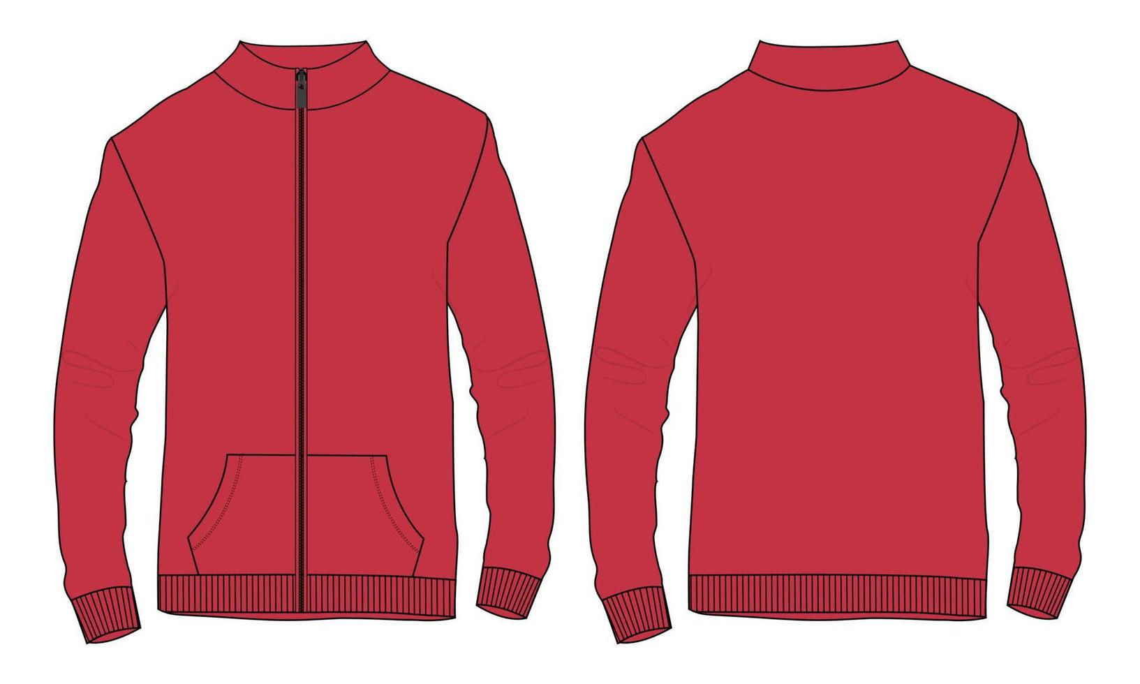 chaqueta de manga larga moda técnica boceto plano ilustración vectorial plantilla de color rojo vistas frontal y posterior. bomber jacket mock up cad edición fácil y personalizable. vector