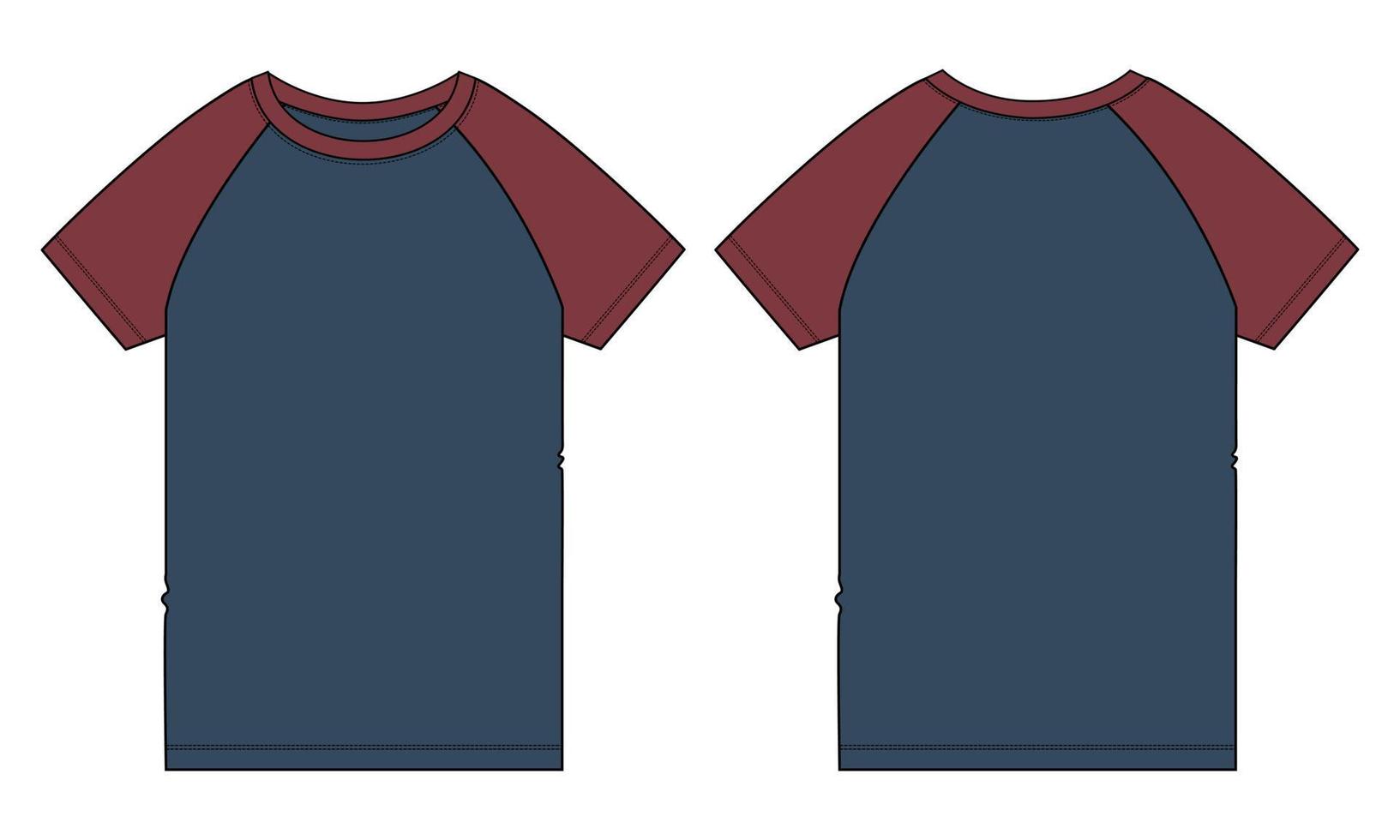 Two tone Red and Navy blue Color Short sleeve Raglan T shirt technical fashion flat sketch vector Illustration template front, back views isolated on White Background.
