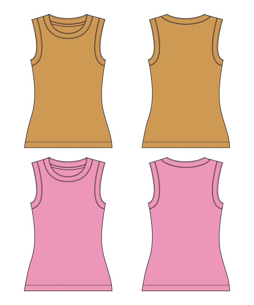 Sleeveless tank top overall technical fashion Flat sketch Vector illustration Yellow and purple Color template for ladies.