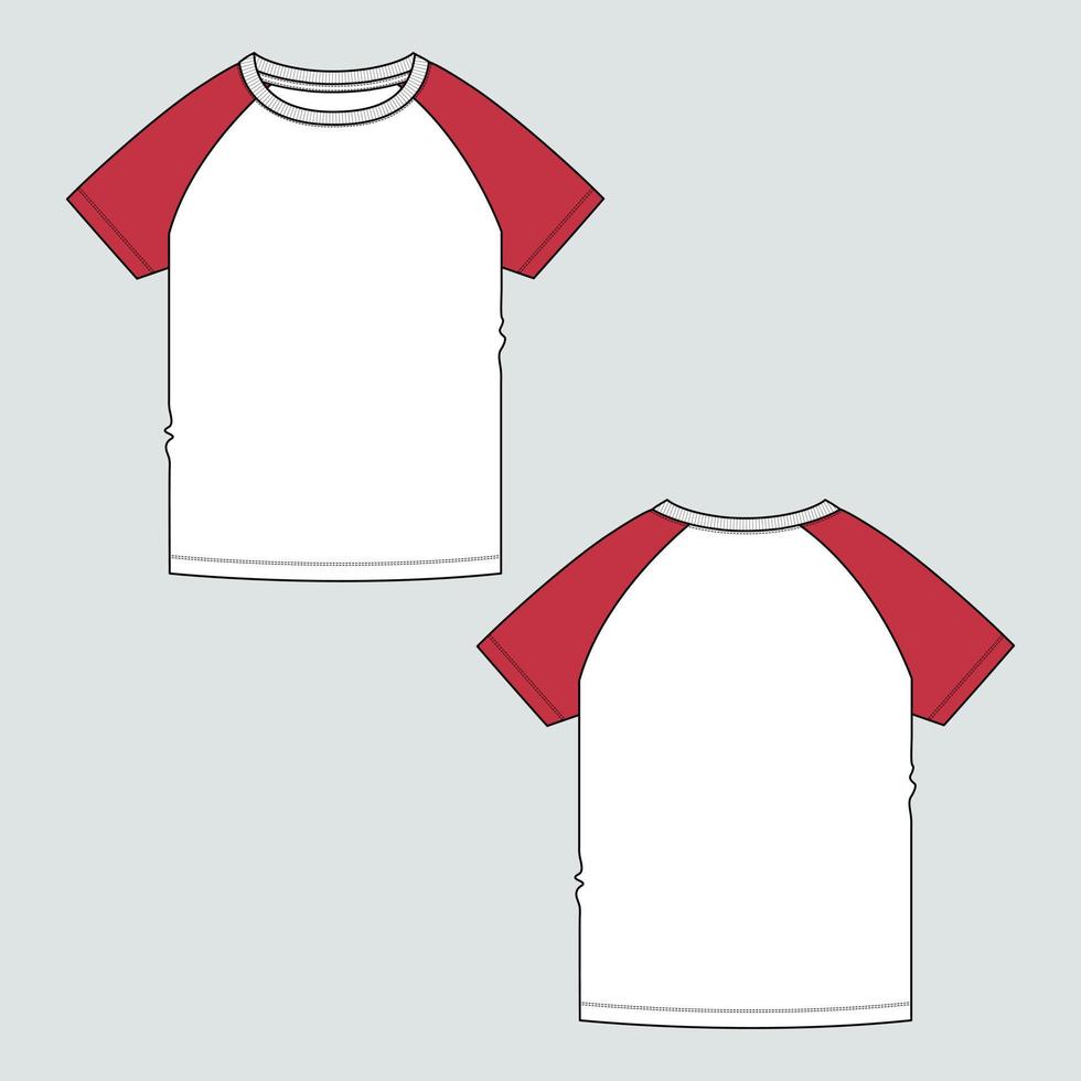 plantilla de ilustración de vector de dibujo plano de moda técnica de camiseta raglán de manga corta de color rojo y blanco de dos tonos para niños bebés.