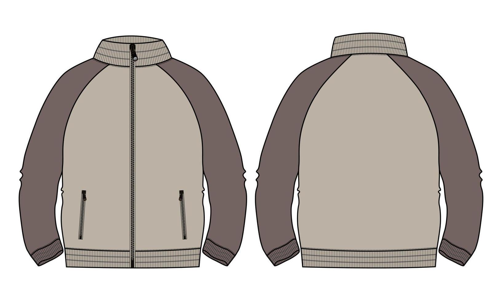 Two tone Khaki Color Long sleeve jacket with pocket and zipper technical fashion flat sketch vector illustration template front, back views. Fleece jersey sweatshirt jacket for men's and boys