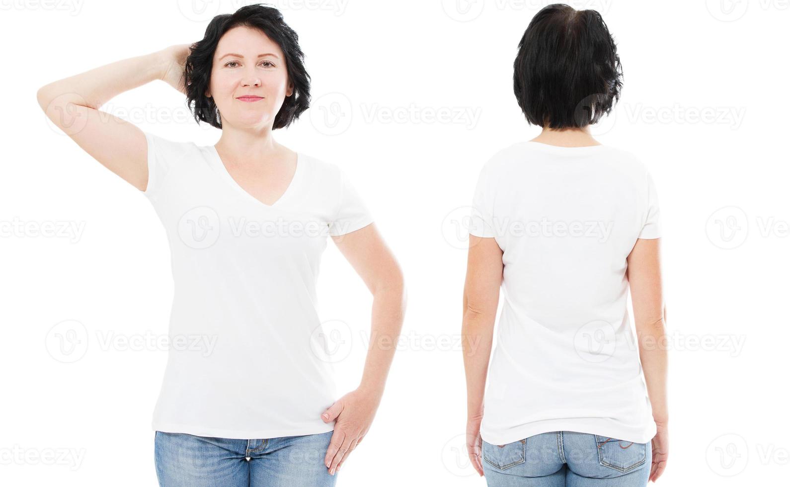 Beautiful middle aged woman in blank t-shirt isolated on white - t shirt mock up, girl in white tshirt front and back view, copy space. photo
