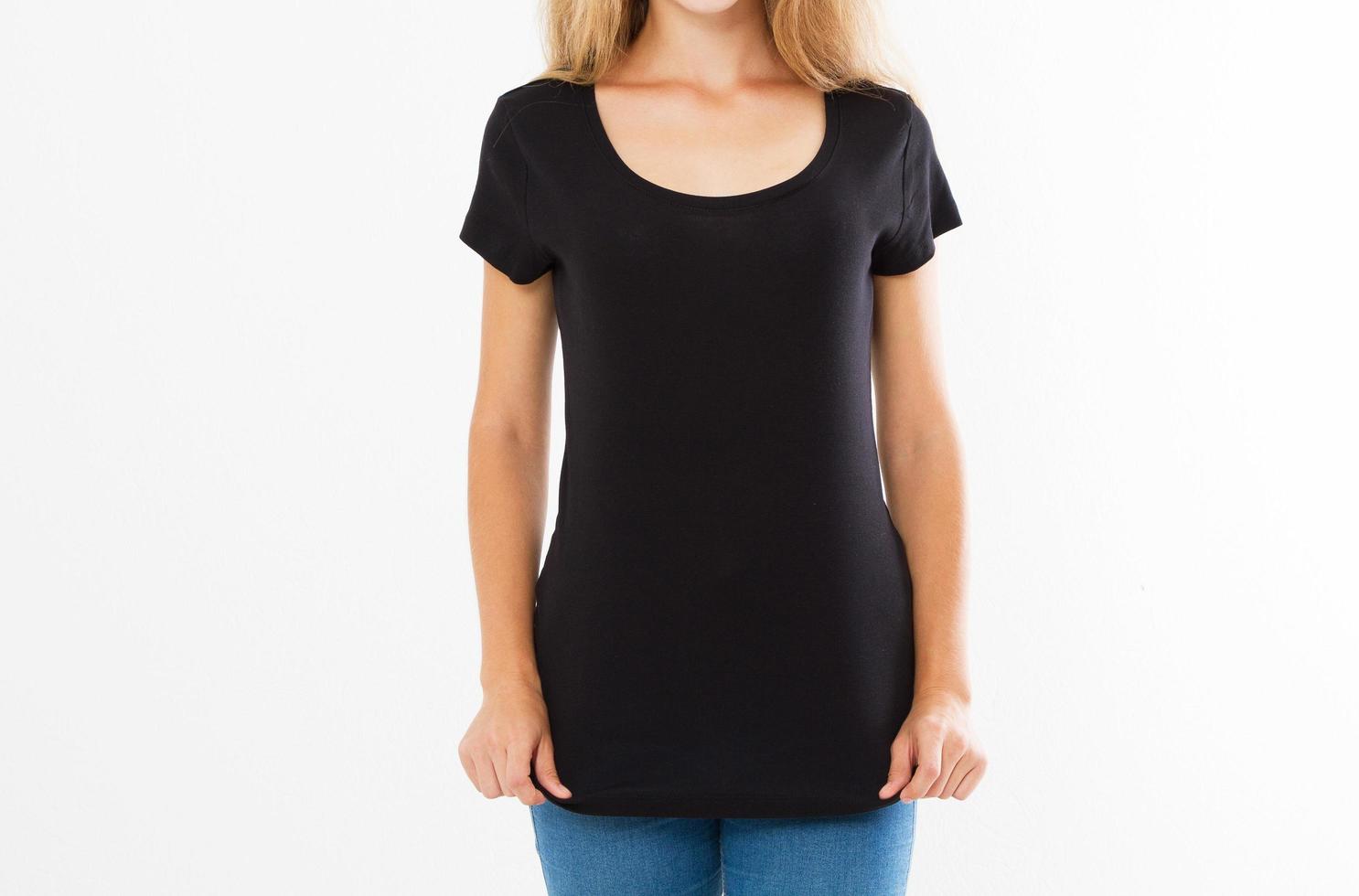 Mockup of a template of a woman's black t-shirts on a white background copy space photo