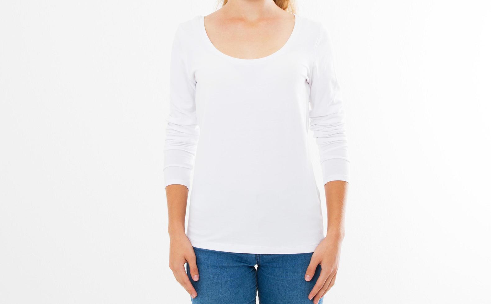 Midsection of young woman wearing blank tshirt on white background, girl in t-shirt mock up isolated photo