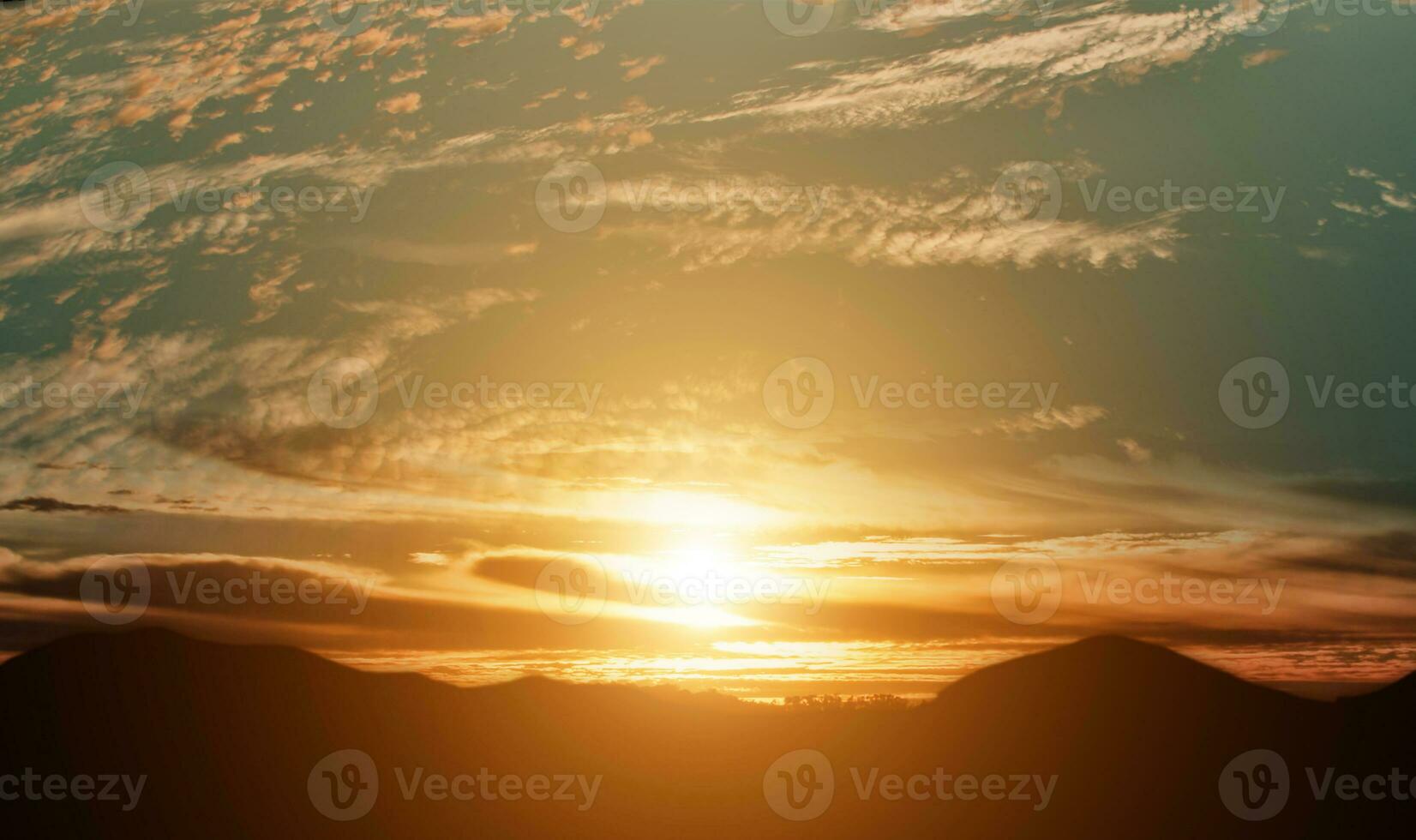 Countryside landscape under scenic colorful sky with flock of birds at sunset background. photo