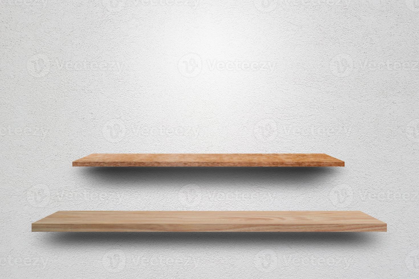 Front view empty wooden shelf and grey wall. Design concept photo