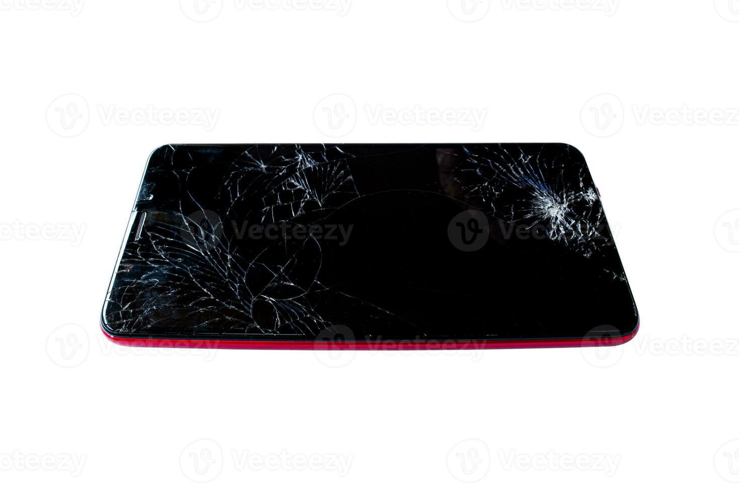 smartphone con pantalla rota aislada en fondo blanco, con trazado de recorte. foto