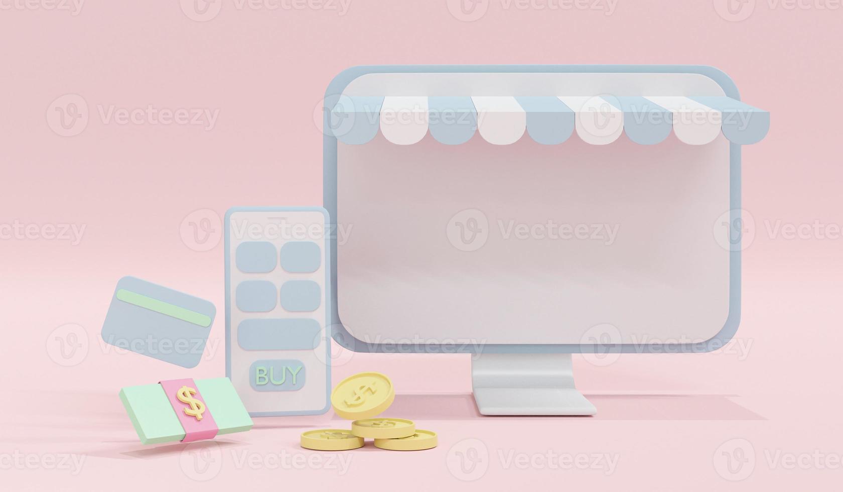 3D Rendering laptop with store facade, phone, a pack of dollar bill, credit card, coins on background concept of online shopping. 3D render. 3D illustration. photo