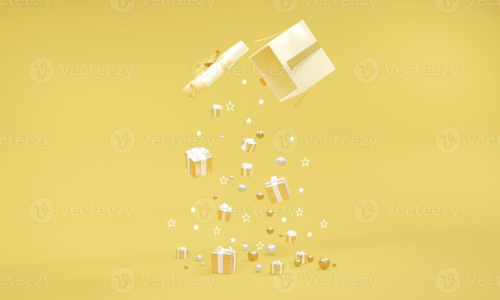 3D Rendering of gift box open with gift falling in yellow theme on background. 3D Render. 3D illustration photo