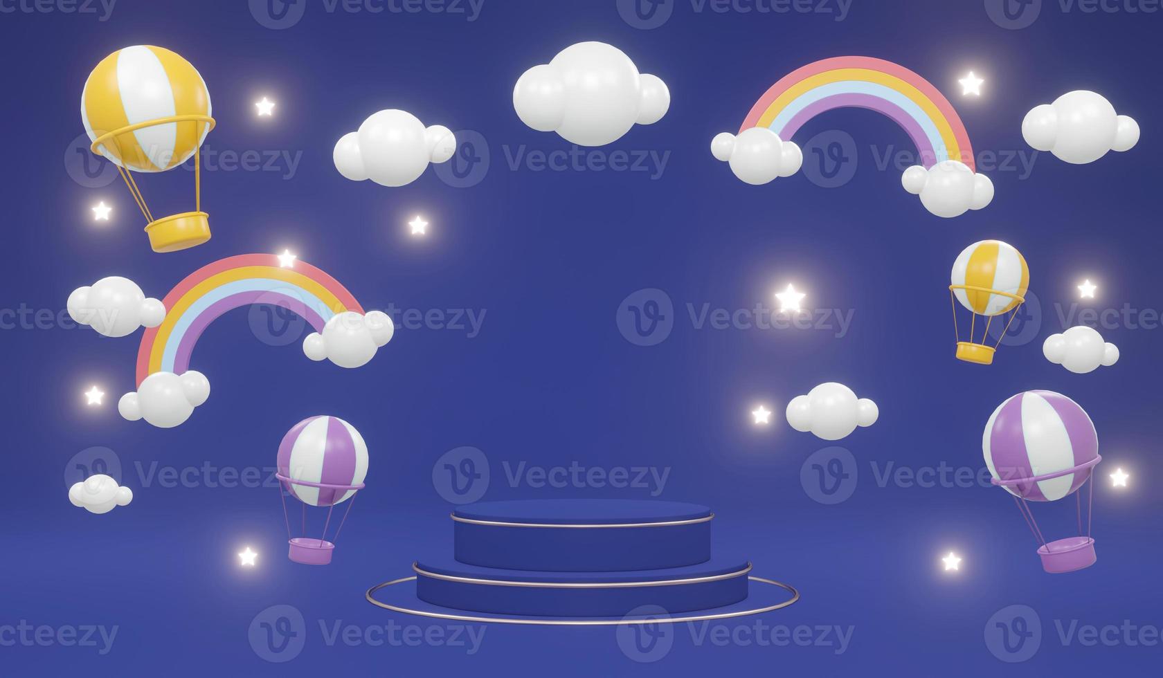 Exhibición de podio de soporte de producto de renderizado 3d con globos de aire caliente de nubes de arco iris y estrellas en el fondo para el concepto de diseño comercial de podio de arco iris. foto