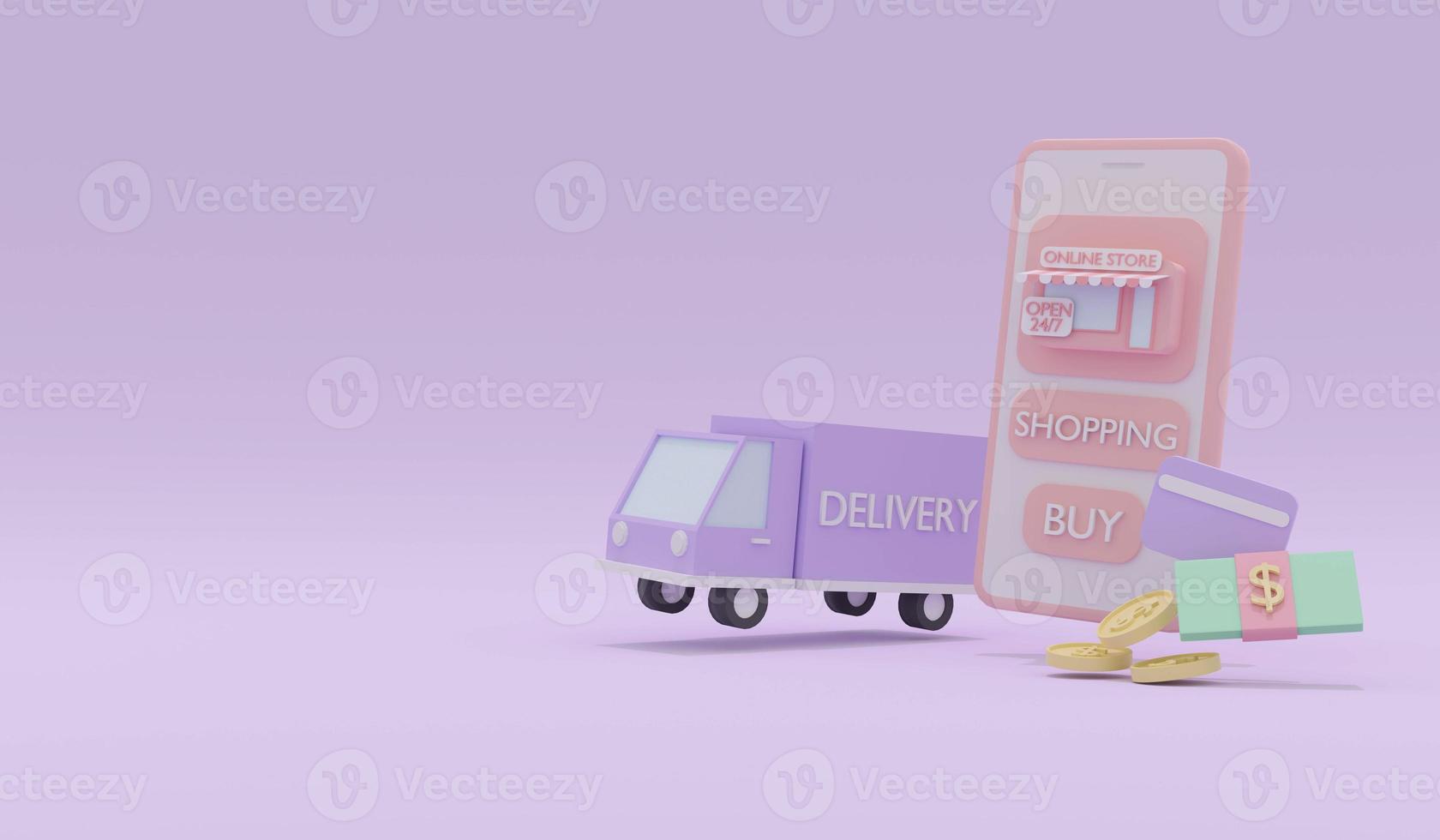 3d Rendering of smartphone delivery truck money and credit card concept of online marketing shopping e-commerce in pastel theme. 3d Render illustration. photo