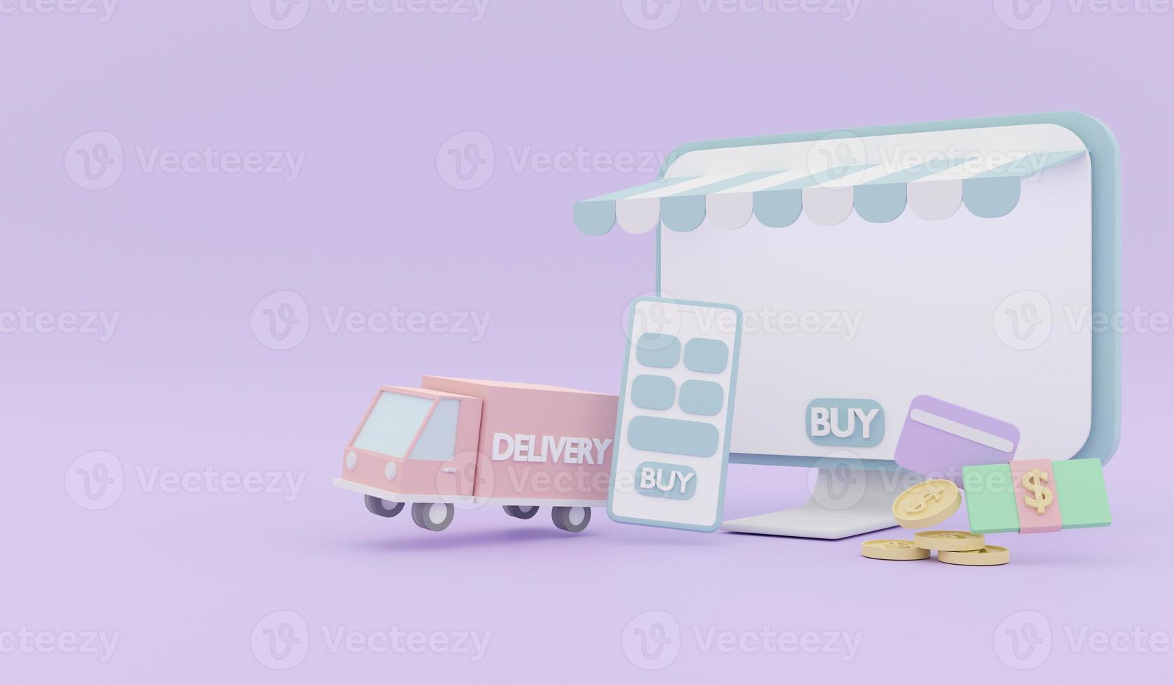 3d Rendering of computer screen smartphone delivery truck money and credit card concept of online marketing shopping e-commerce in pastel theme. 3d Render illustration. photo