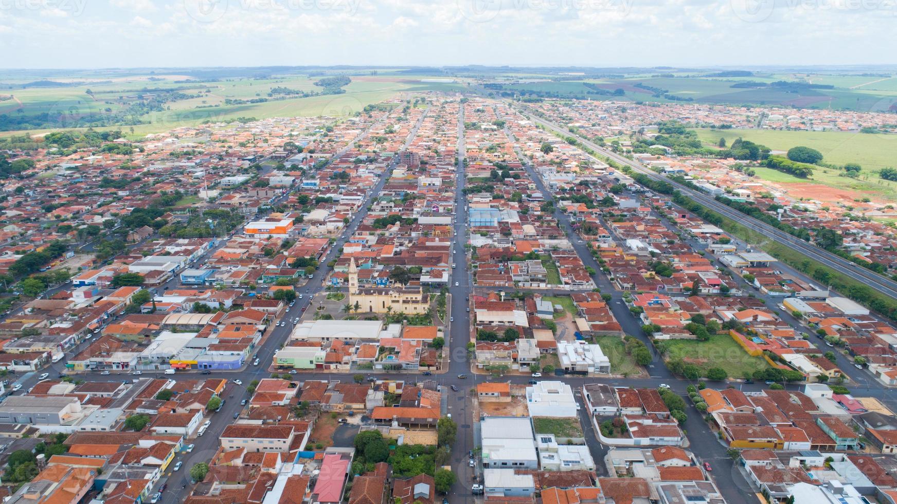 Aerial image of Brodowski city, mother church. Brazil. photo