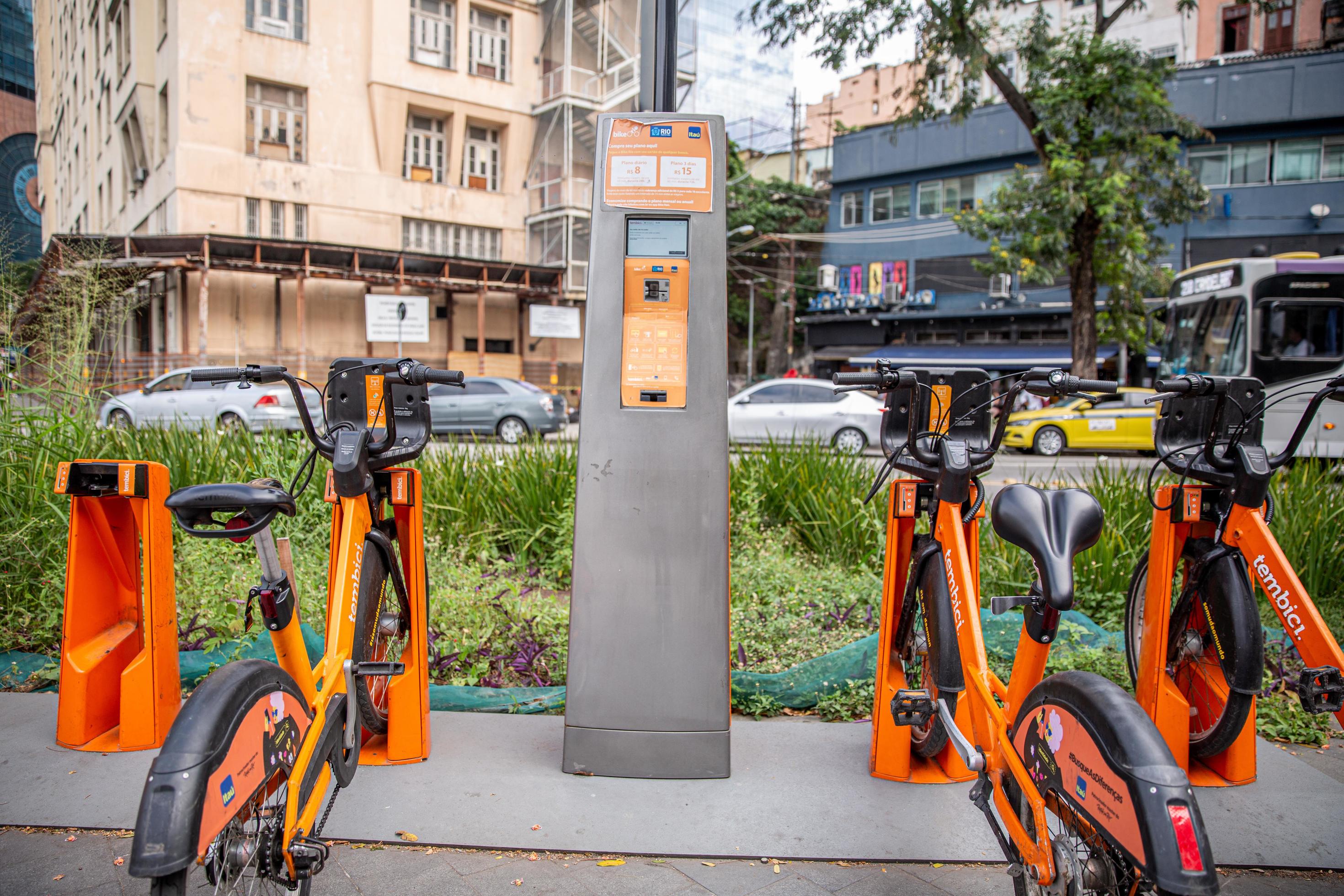 Rio de Janeiro, Brazil, OCT 2019 Bicycle Rental Station Full of Bikes