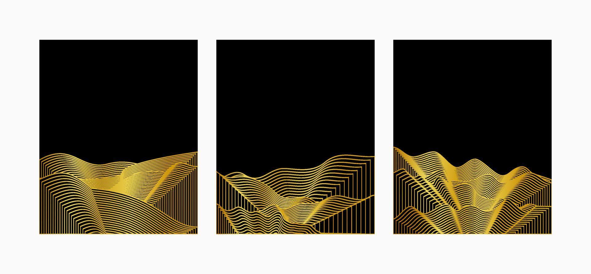 Set of Mountain line art background, luxury gold wallpaper design for the cover, invitation background, packaging design, wall art, and print. vector