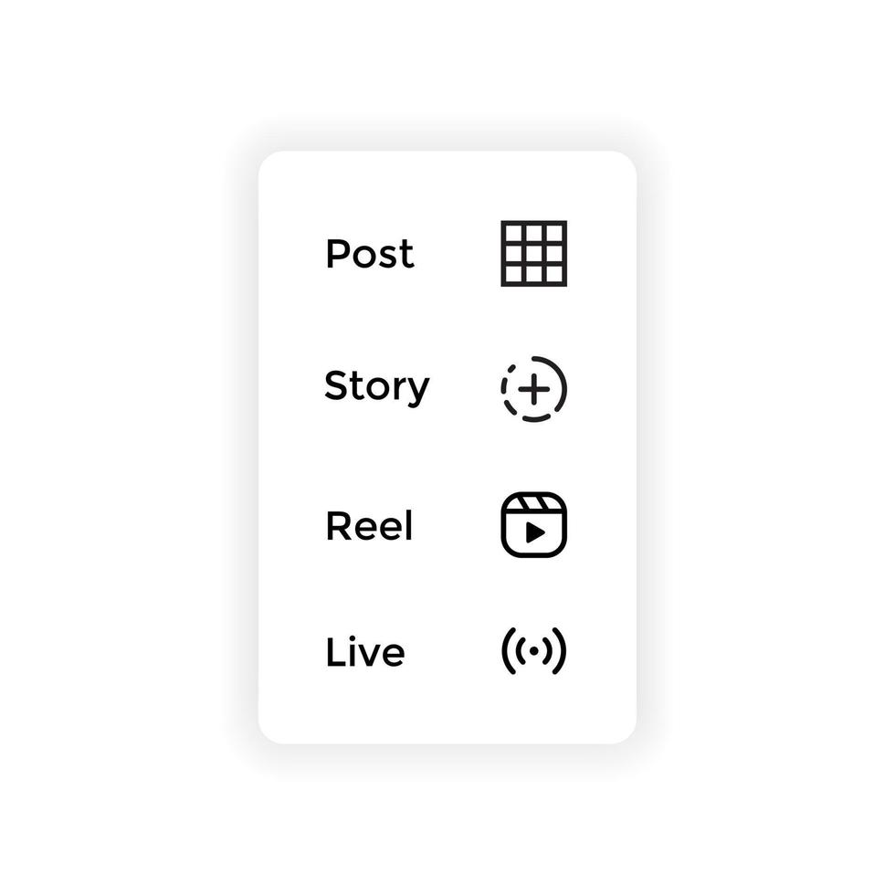 Icon Set of Social Media UI. Add Post, Story, Reel, and Live Symbol