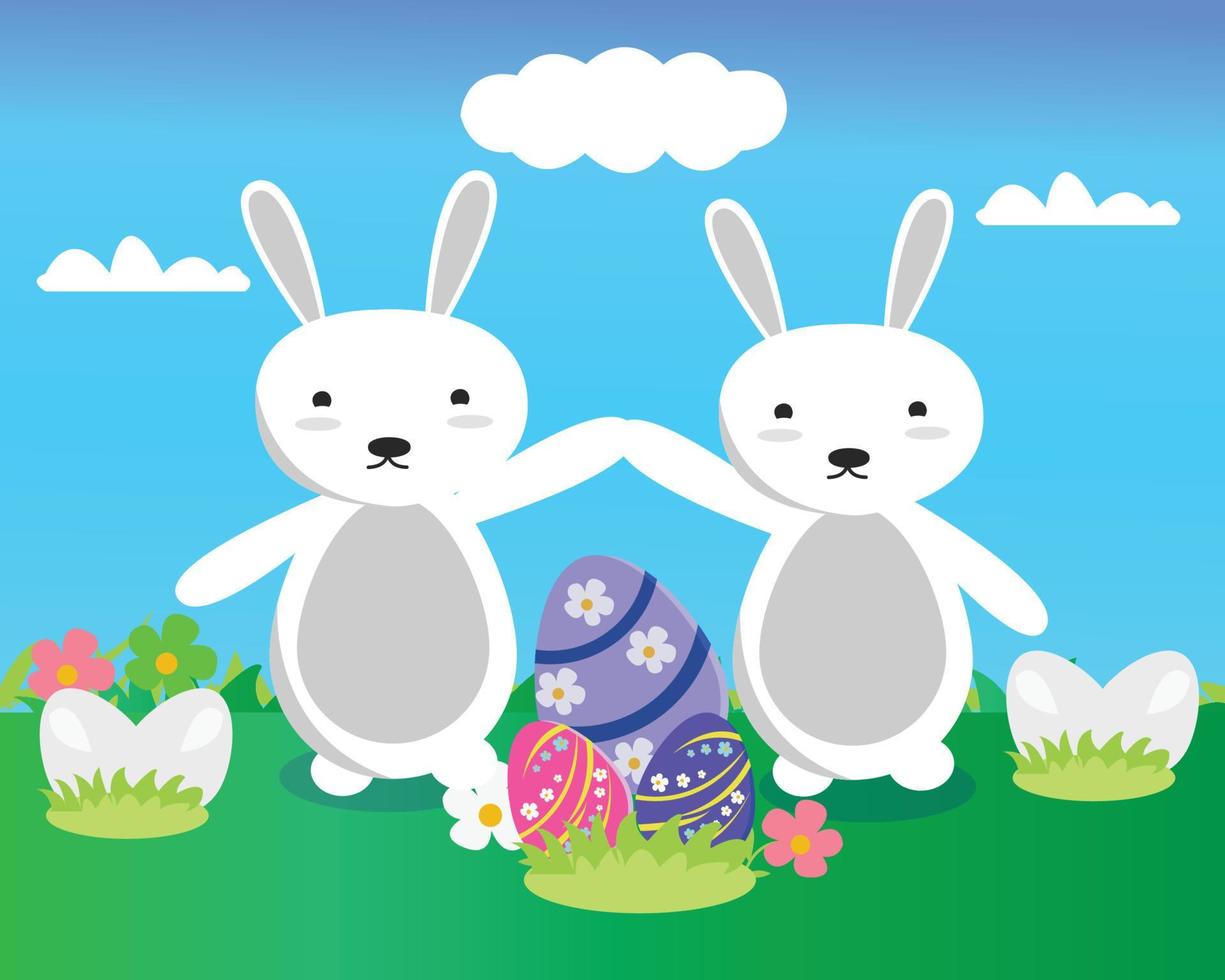 3d Easter banner with chocolate rabbits and beautiful painted eggs set on grass. Concept of Easter egg hunt or egg decorating art. vector