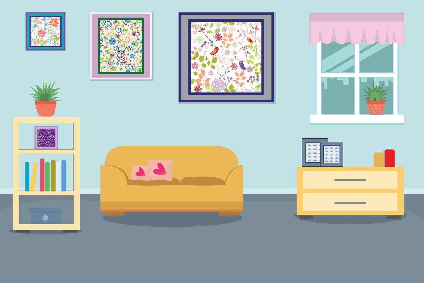 Furniture sofa, bookcase, picture. Living room interior. Flat style vector illustration