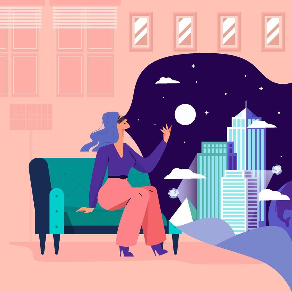 Woman Wearing Virtual Glasses Look Into Futuristic World Concept vector