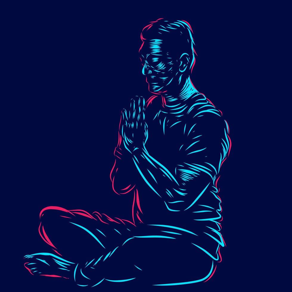 Man meditation line pop art potrait logo colorful design with dark background. Abstract vector illustration. Isolated black background for t-shirt