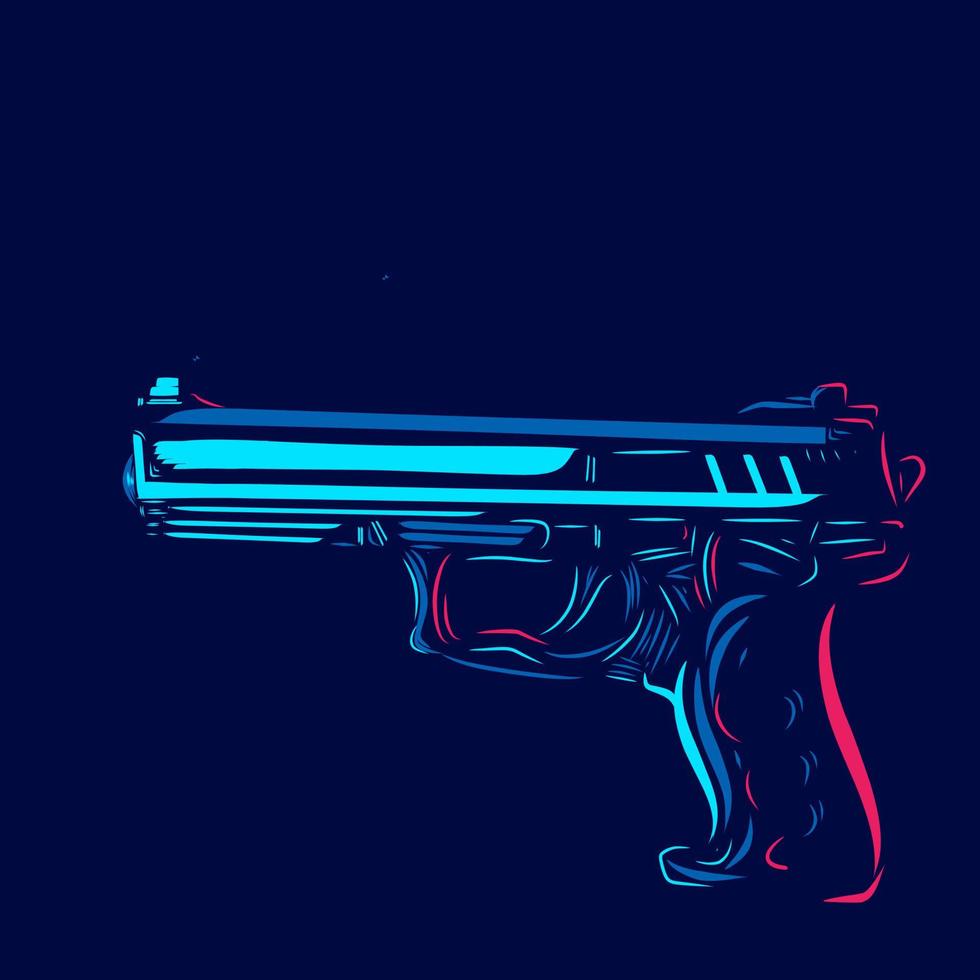 pistola. logotipo de la línea de arte pop. diseño colorido con fondo oscuro. ilustración vectorial abstracta. fondo negro aislado para camiseta, póster vector