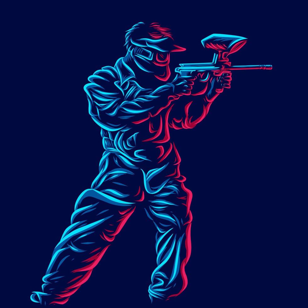 Army soldier play paintball line pop art potrait logo colorful design with dark background. Abstract vector illustration.