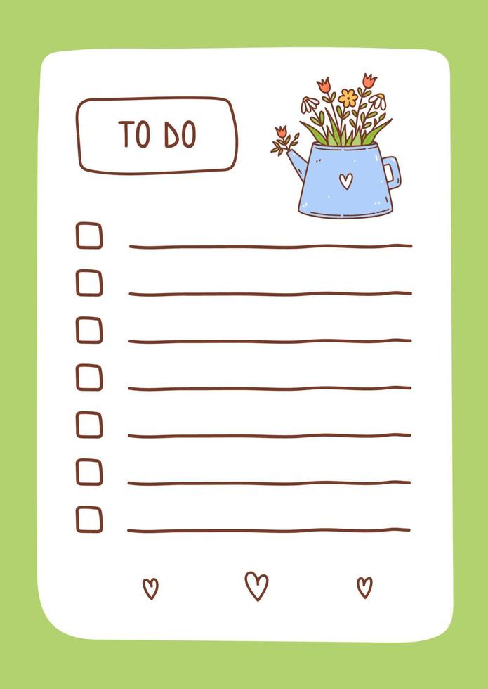 To do list template decorated by spring flowers in a teapot. Cute design of schedule, daily planner or checklist. Vector hand-drawn illustration. Perfect for planning, notes and self-organization.