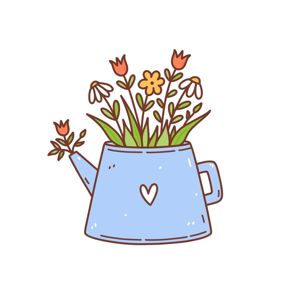 Lindas flores de primavera en una tetera aislado sobre fondo blanco. ilustración vectorial dibujada a mano en estilo garabato. perfecto para tarjetas, invitaciones, decoraciones, logo, varios diseños. vector