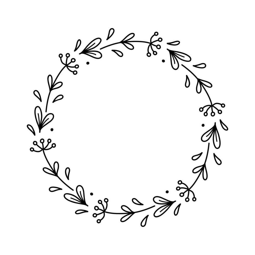 Spring floral wreath isolated on white background. Round frame with flowers. Vector hand-drawn illustration in doodle style. Perfect for cards, invitations, decorations, logo, various designs.