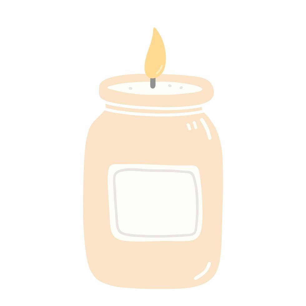Burning aroma candle in a jar isolated on white background. Cute vector hand-drawn illustration in cartoon style. Aromatherapy, relaxation design element. Suitable for cards, logo, decorations.