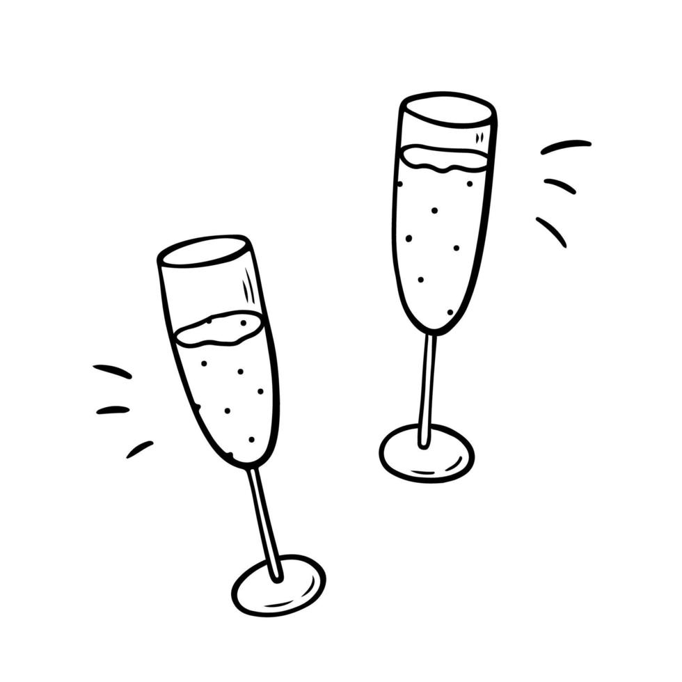 Two clinking glasses with champagne isolated on white background. Cheers, holiday toast. Vector hand-drawn illustration in doodle style. Suitable for cards, decorations, invitations, festive designs.