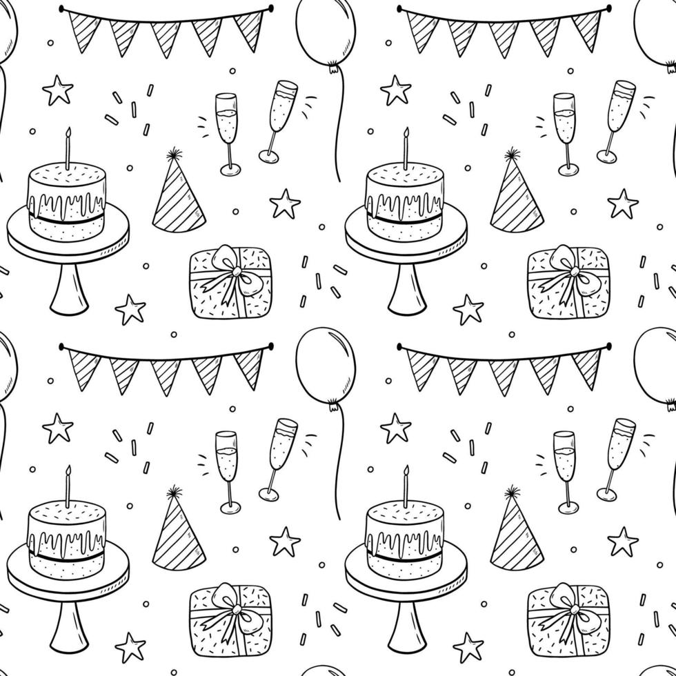 Seamless pattern with festive cakes, party hats, gifts, champagne and garlands. Vector hand-drawn illustration in doodle style. Perfect for birthday designs, wrapping paper, cards, invitations