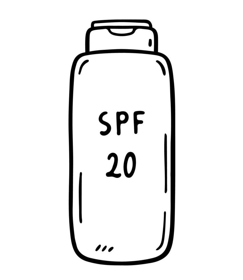 Tube of sunscreen isolated on white background. Lotion 20 SPF for protection from ultraviolet light. Vector hand-drawn illustration in doodle style. Perfect for your project, card, decorations.