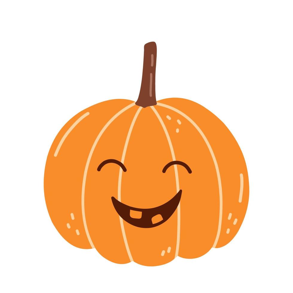 Cute smiling pumpkin for Halloween isolated on white background. Vector hand-drawn illustration in cartoon flat style. Suitable for cards, invitations, greeting designs, decorations.