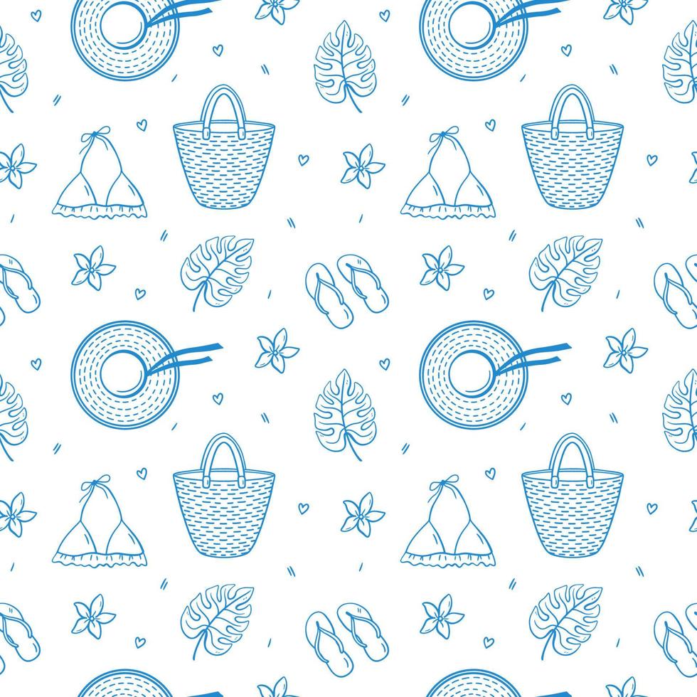 Seamless pattern with summer holiday elements - beach straw bag and hat, flip flops, womens swimsuit, tropical monstera leaves and flowers. Vector hand-drawn background in doodle style in blue colors.