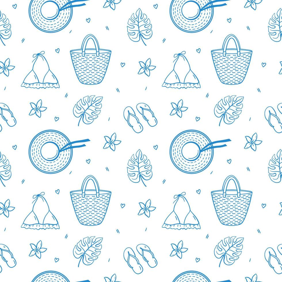 Seamless pattern with summer holiday elements - beach straw bag and hat, flip flops, womens swimsuit, tropical monstera leaves and flowers. Vector hand-drawn background in doodle style in blue colors.